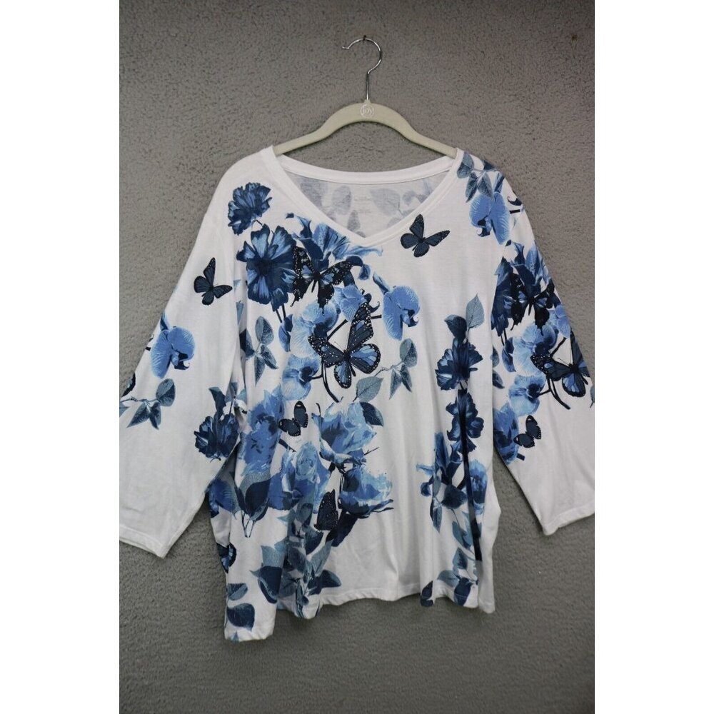 Alia 3/4 Sleeve Butterflies Studded Tee Shirt-Size 1X-Pretty & Soft